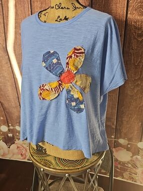 OOAK KANTHA FLOWER PATCH SLUB BOX TEE MED-XL